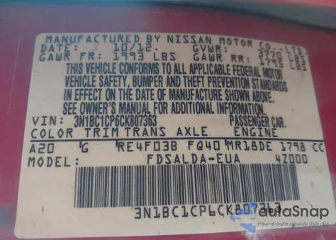 2012 Nissan Versa 1.8 S from USA, damaged, VIN 3N1BC1CP6CK807363